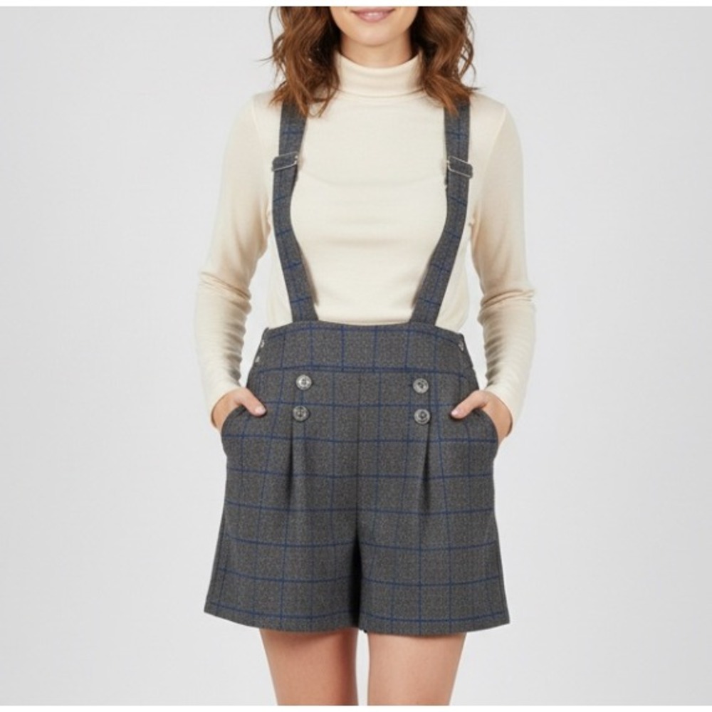 VERY J Black w/Blue PLAID Side Zip PLEATED Twill SHORTALLS OVERALLS Romper L